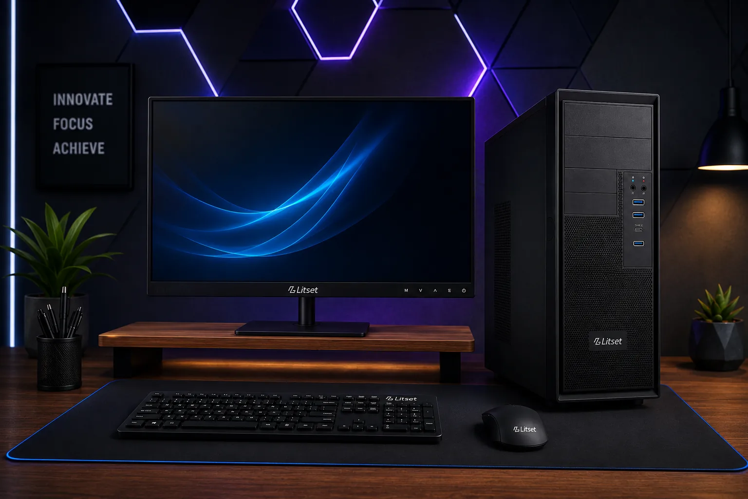 Litset tower, monitor, keyboard and mouse on a dark desk setup with ambient lighting