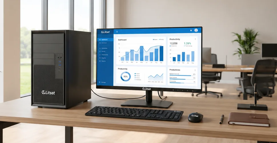 Litset desktop and monitor set up on a wooden office desk