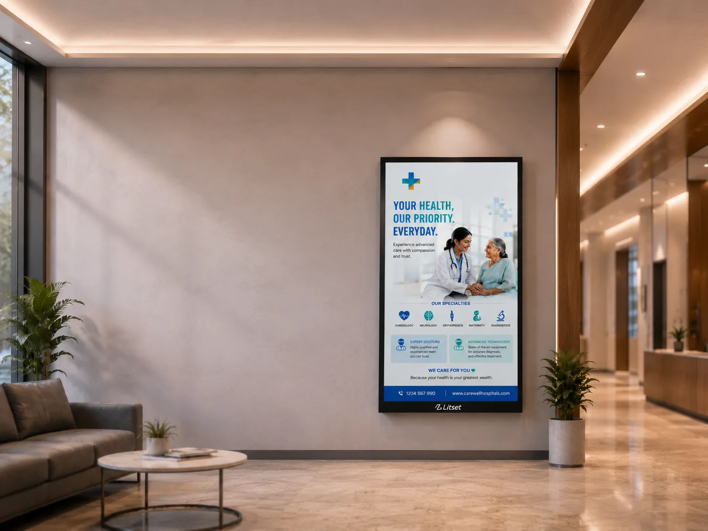 Litset wall-mounted digital signage display running hospital information in a public lobby