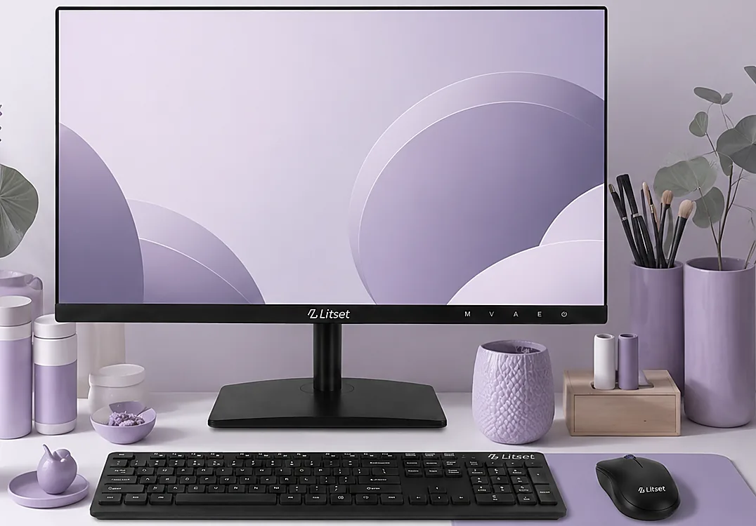 Litset monitor, keyboard, and mouse set up on a lavender-toned desk