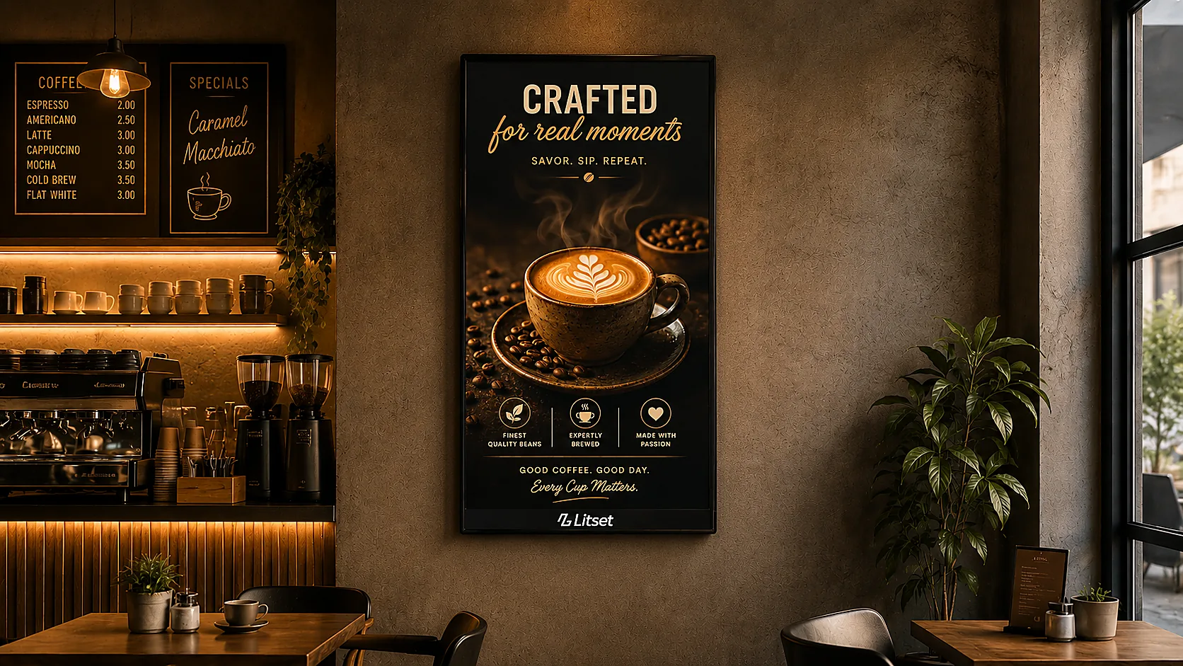 Litset digital signage display mounted on a caf&eacute; wall