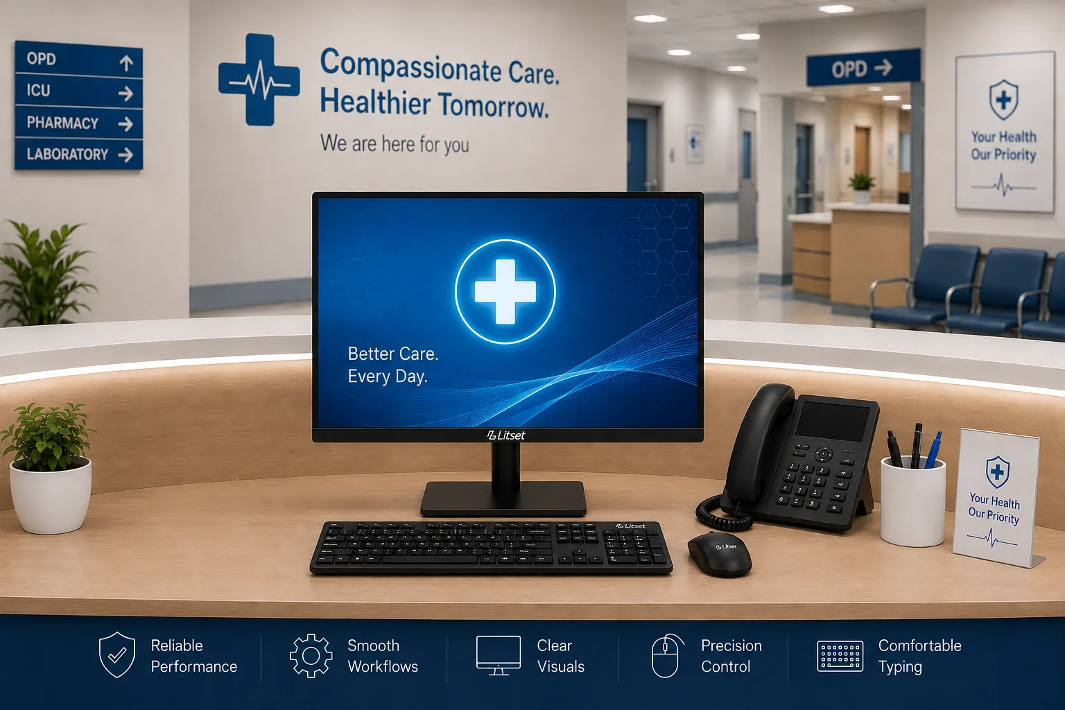 Litset monitor and peripherals at a hospital reception desk
