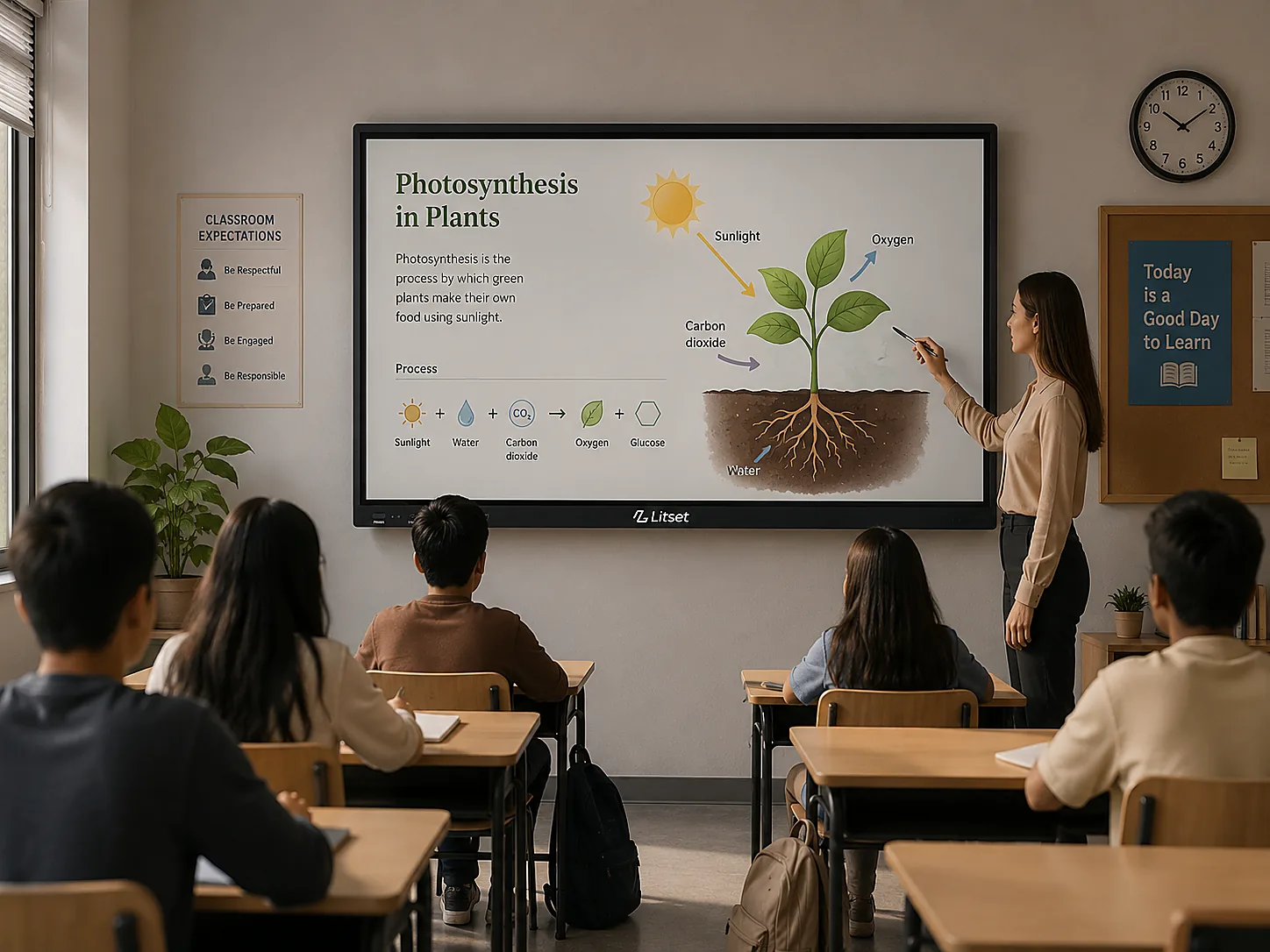 Teacher leading a lesson on a Litset interactive classroom panel