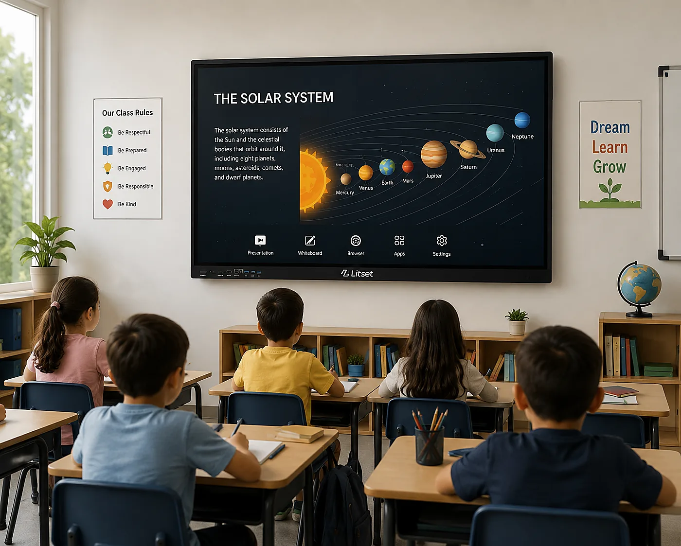 Students in a classroom learning from a Litset interactive panel