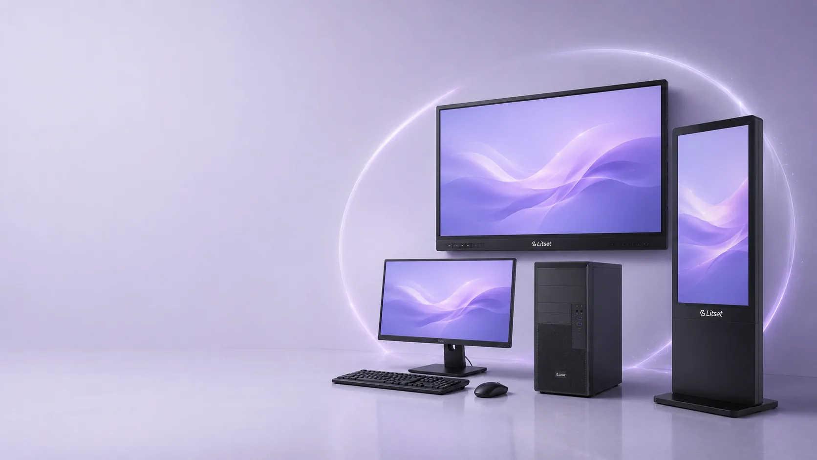 Litset interactive panel, monitor, desktop tower, keyboard, mouse and digital signage standee